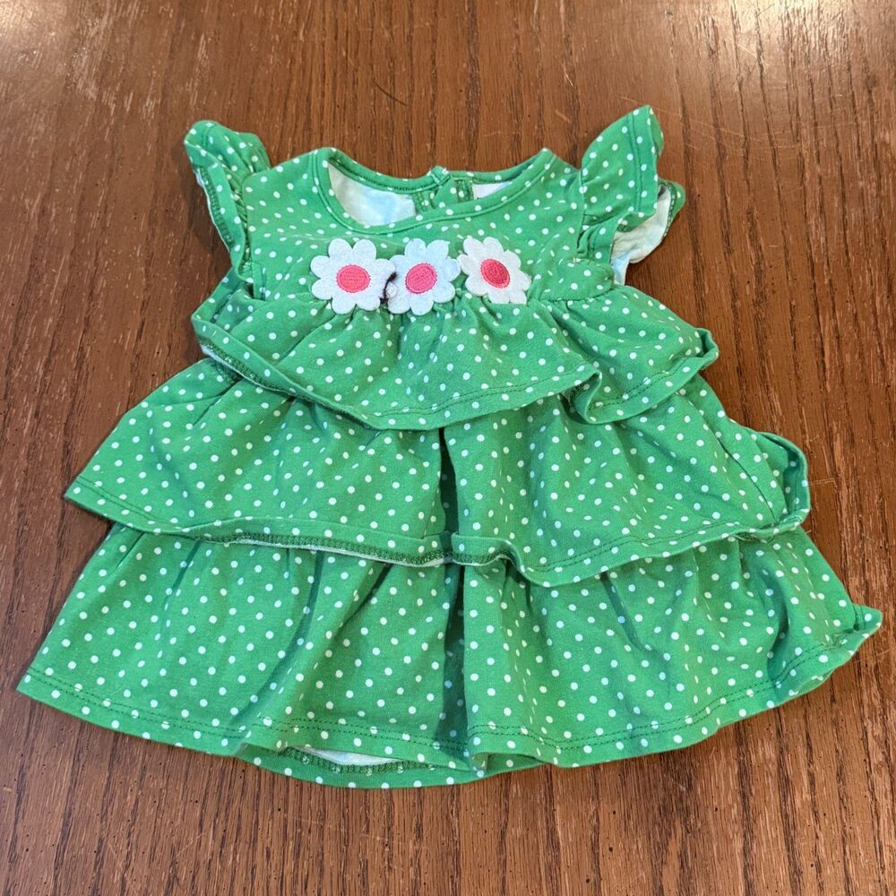 Counting Daisies Baby Dress 3-6M Green Polka Dot Daisy Ruffle Tiered Cottagecore